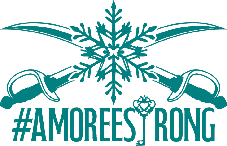 Amoree Strong t-shirt design: White with Teal printing of two swords crossing each other with a snowflake in the intersection of the swords. The center of the snowflake is a butterfly.